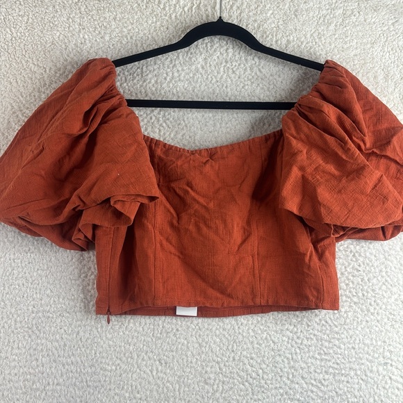 NWT Jonathan Simkhai Womens Orange Jacquard Linen Puff Sleeve Crop Top Size 8 - Picture 8 of 12